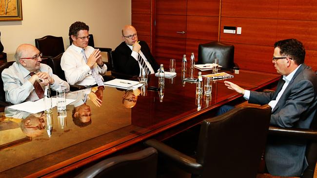 Terry McCrann, James Campbell and Damon Johnston sit down with Daniel Andrews. Picture: Tim Carrafa