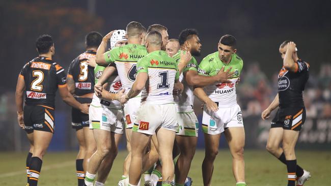 The Raiders celebrate Ricky Stuart’s 400th game with a win. Picture: Getty Images.