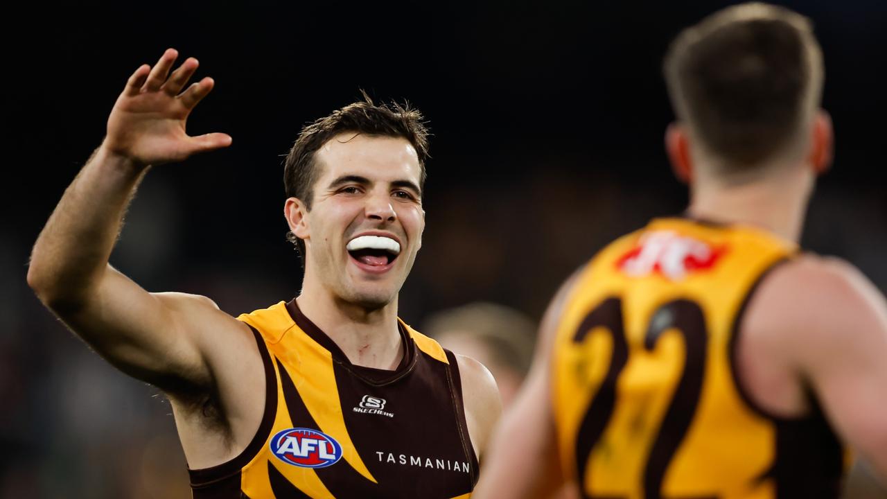 Finn Maginness enjoys Hawthorn’s win against Collingwood. Picture: Dylan Burns/AFL Photos via Getty Images