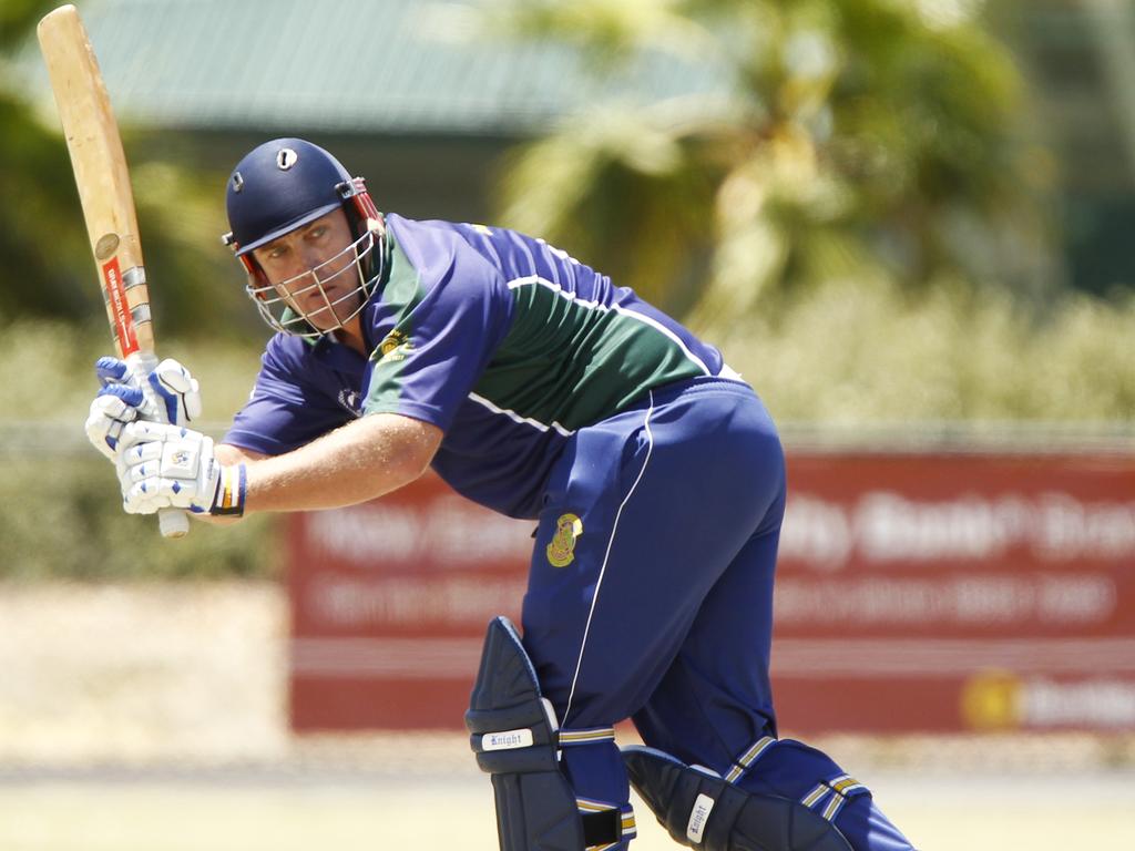 Sean Ayres hits a ball through mid-wicket at Bundoora Old Paradians.