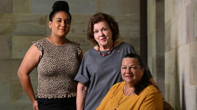 Interim Truth and Treaty Body co-chairs Cheryl Buchanan (right) and Sallyanne Atkinson (centre) with member Seleena Blackley at Parliament House on Wednesday. Picture: Dan Peled/NCA NewsWire