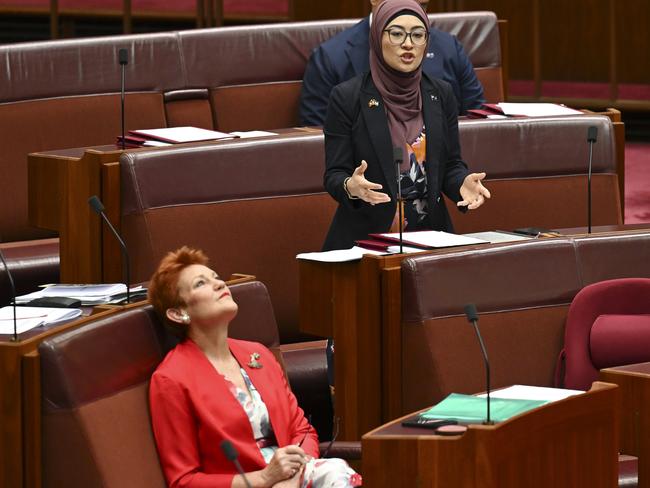 CANBERRA, AUSTRALIA - NewsWire Photos - November 27, 2024:  Senator Pauline Hanson and Senator Fatima Payman in the Senate at Parliament House in Canberra. Picture: NewsWire / Martin Ollman