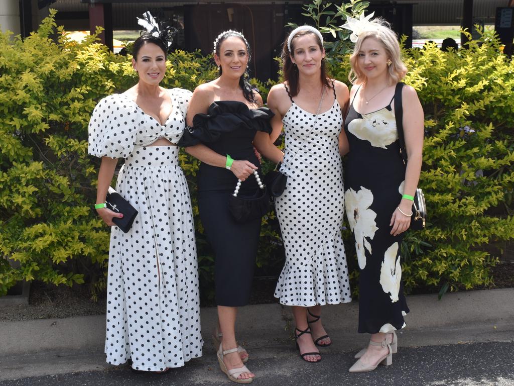 Renee Elliott, Dani Slater, Laura Reid and Geri Bell at the Yeppoon Turf Club's Derby Day races at Keppel Park Racecourse on November 2, 2024.