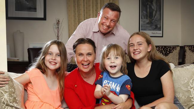 Jane Garrett in 2017 with her husband, James Higgins, and their children Sasha, Max and Molly. Picture: David Caird