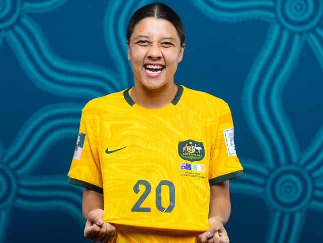 BRISBANE, AUSTRALIA - JULY 17: Sam Kerr of Australia poses for a portrait during the official FIFA Women's World Cup Australia & New Zealand 2023 portrait session on July 17, 2023 in Brisbane, Australia. (Photo by Chris Hyde - FIFA/FIFA via Getty Images)