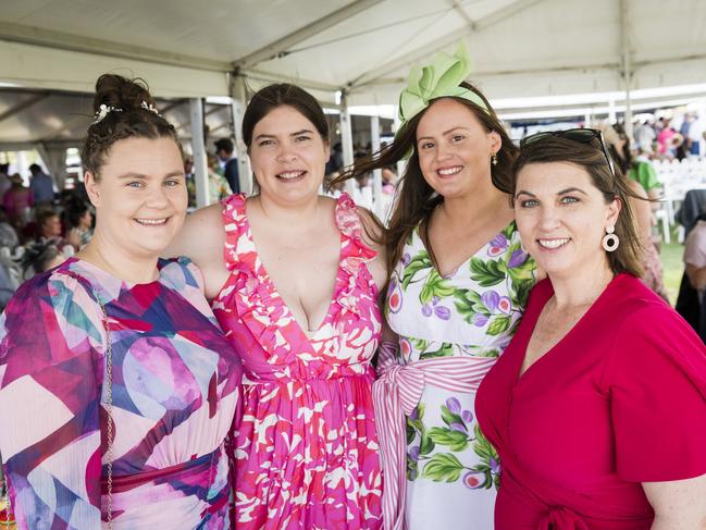 At the Clifton Races are (from left) Lauren Thomas, Makeelie Dowton, Alexandra Baird and Sarah Rossiter, Saturday, October 28, 2023. Picture: Kevin Farmer