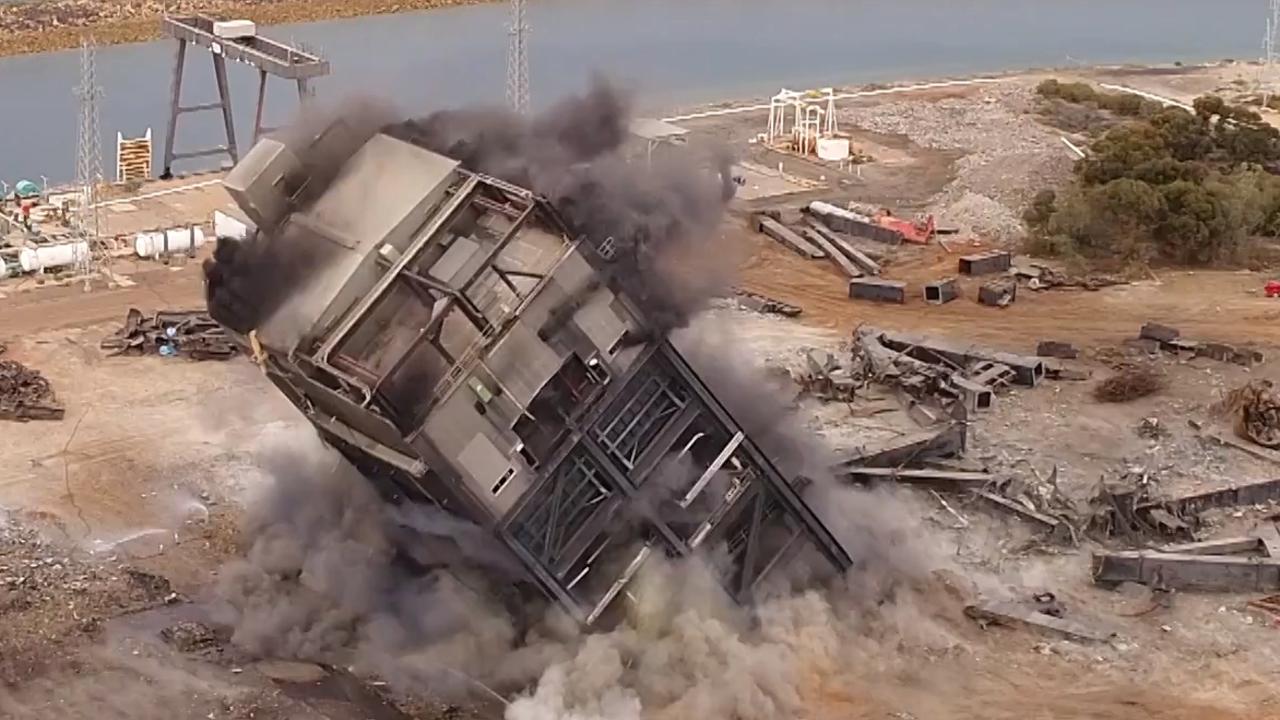 The felling of a 3000-tonne bunker at Port Augusta’s Northern Power Station, in April, 2018. Picture: Flinders Power