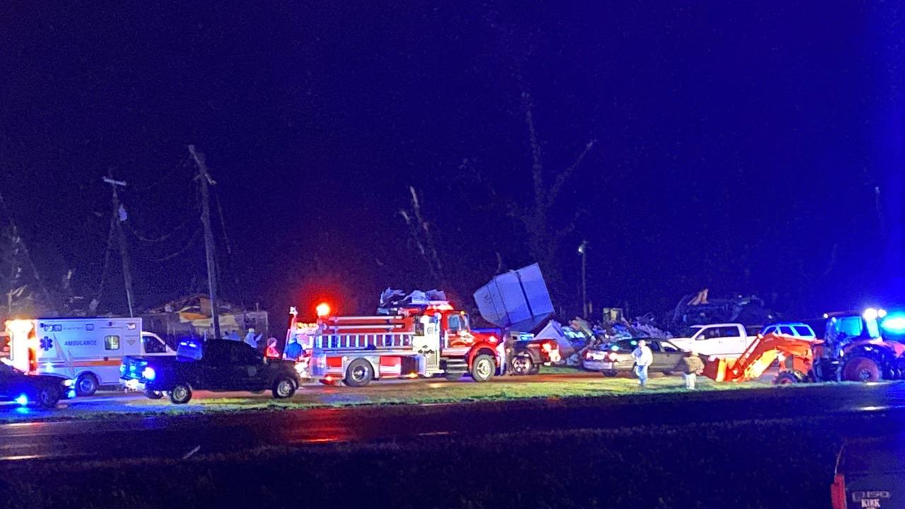 Emergency personnel on Highway 49 near Silver City, Mississippi, after a tornado touched down in the area March 25, 2023. Picture: Mississippi Highway Patrol / AFP.