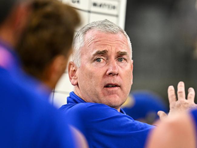 PERTH, AUSTRALIA - MAY 12: Adam Simpson, Senior Coach of the Eagles addresses the team at the break  during the 2023 AFL Round 09 match between the West Coast Eagles and the Gold Coast Suns at Optus Stadium on May 12, 2023 in Perth, Australia. (Photo by Daniel Carson/AFL Photos via Getty Images)