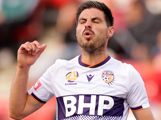 ADELAIDE, AUSTRALIA - FEBRUARY 05: Bruno Fornaroli of Perth Glory reacts during the A-League match between Adelaide United and Perth Glory at Coopers Stadium, on February 05, 2021, in Adelaide, Australia. (Photo by Daniel Kalisz/Getty Images)