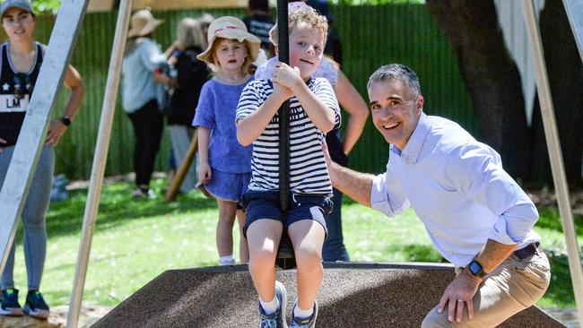 Premier Peter Malinauskas and his son Jack at the Dunstan Adventure Playground in St Peter’s on February 3. It has reopened after an upgrade. Picture: Brenton Edwards