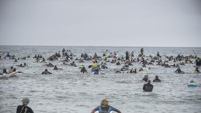 Paddle out demonstration against drilling for petroleum in the Great Australian Bight. Photo: Nick Clayton