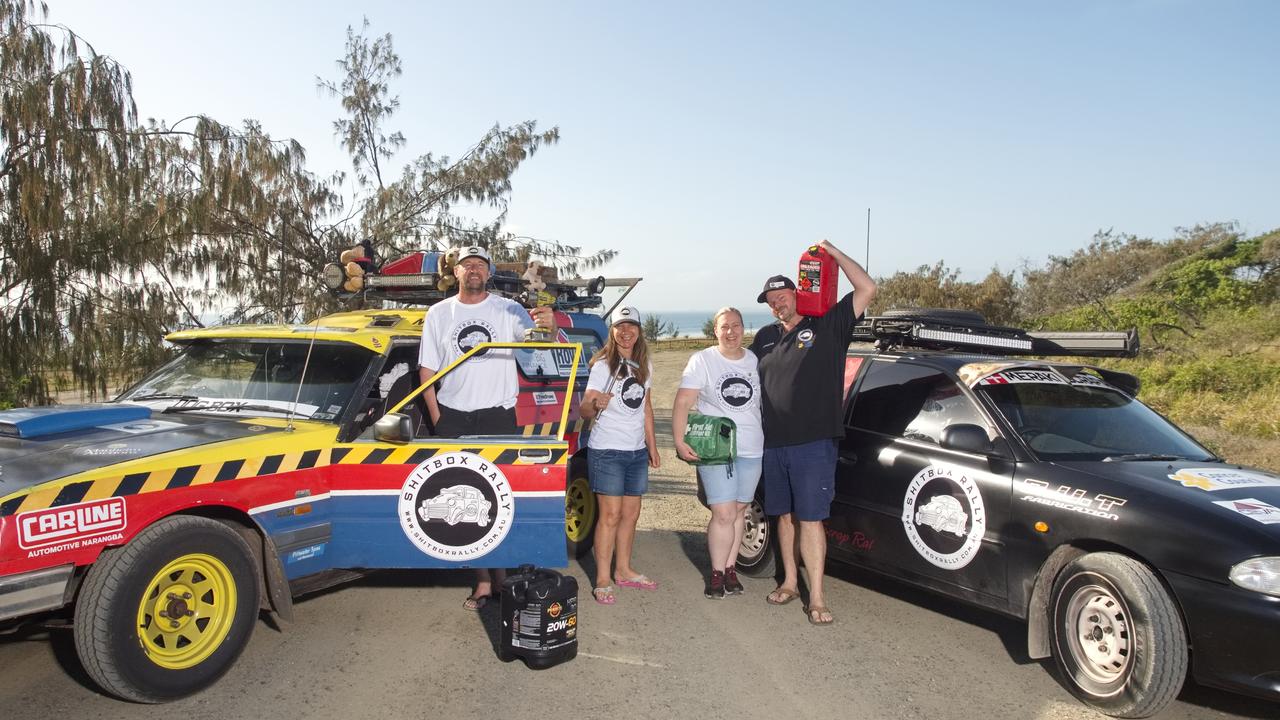 From the left, Will and Mandy Mann of North Brisbane in their car that uses 500ml of oil / 100km. Will's brother passed of cancer in 2017 and always loved cars where will learned so much and honours him intherally's by having his ashes mounted in the vehicle. This rally is the biggest fund raiser for cancer and funds directly to communities. They love the connection and are in a team with Steve and Jess McLean from Burgengarypictured right. They always had an interest in rallys but particularly in the limited budget aspect. A big reason for this couple is Steves mum passed 13 years ago and it also touches so many. Absorbing the atmosphere and sharing the experience with like minded people. In a Hyundai excel 1998. Shitbox Rally 15th October, 2022. Picture: Marty Strecker