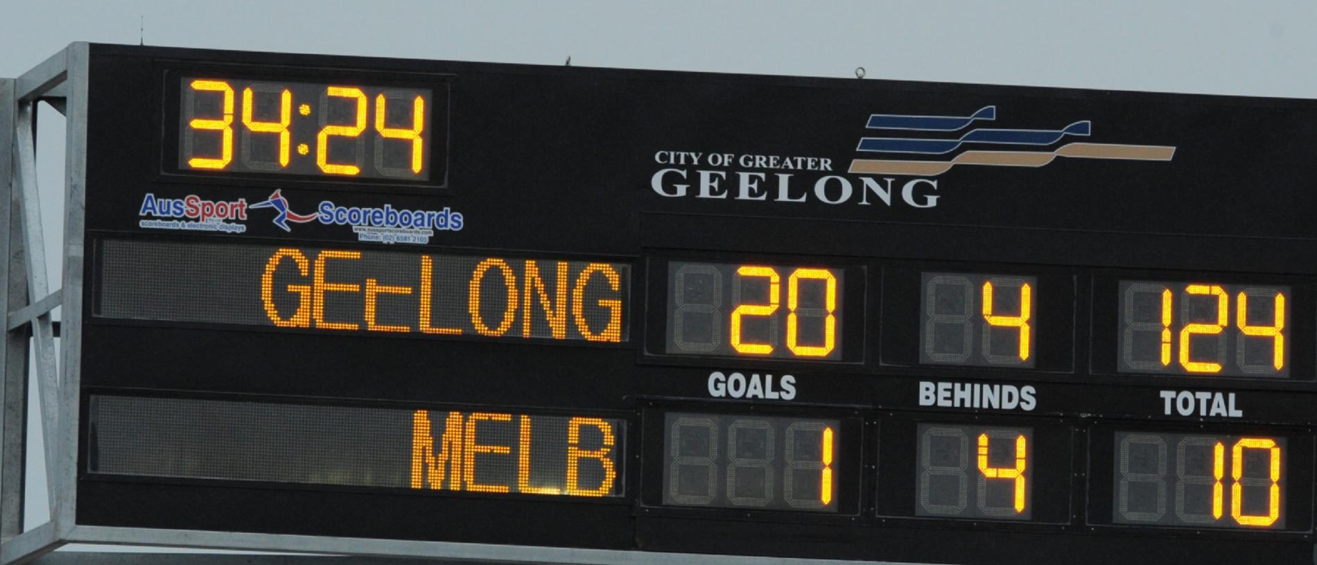 Geelong v Melbourne at Skilled Stadium, Geelong. The score at half time on July 30, 2011.