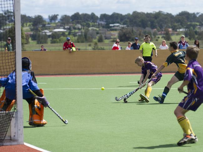 Macarthur Chronicle - Pictured: Action photographs - Ingleburn Bulldogs (green yellow) versus Harrington Park Hurricanes (purple) - Macarthur District Juniors hockey finals 2014 held at Millwood Avenue, Narellan NSW Australia