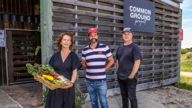 Owner Nathan Toleman (far right) with Chef Glenn Laurie and partner Lolo Hanser at La Cantina at Common Ground Project in Freshwater Creek. Picture : Ian Currie