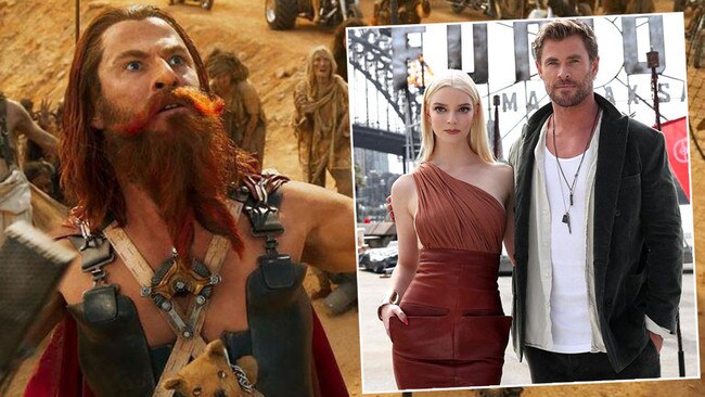 Chris Hemsworth as Dementus in Furiosa: A Mad Max Saga  (main picture) and with co-star Anya Taylor-Joy on a drizzly Sydney day outside the Opoera House. Pictures: Supplied/ Getty Images