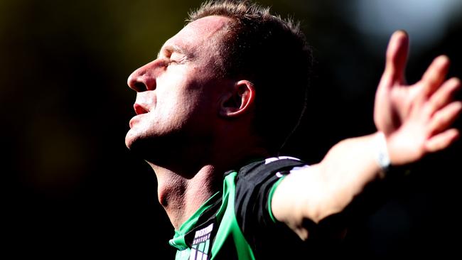 Besart Berisha celebrates his opener against the Reds. Picture: AAP Image/Kelly Barnes.