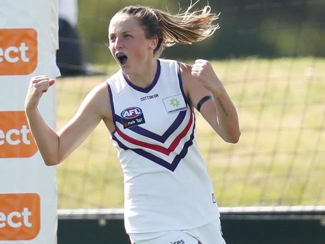 MELBOURNE, AUSTRALIA - FEBRUARY 03: Ashley Sharp of the Dockers celebrates a goal during the 2019 NAB AFLW Round 01 match between the Melbourne Demons and the Fremantle Dockers at Casey Fields on February 03, 2019 in Melbourne, Australia. (Photo by Michael Willson/AFL Media/Getty Images)