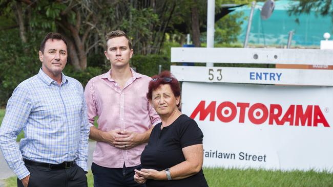 Cr Steve Griffiths, Nathan Action Group spokesman Blake Buchanan and Annamarie Newton are opposing a development on Fairlawn St, Nathan. (AAP Image/Renae Droop)