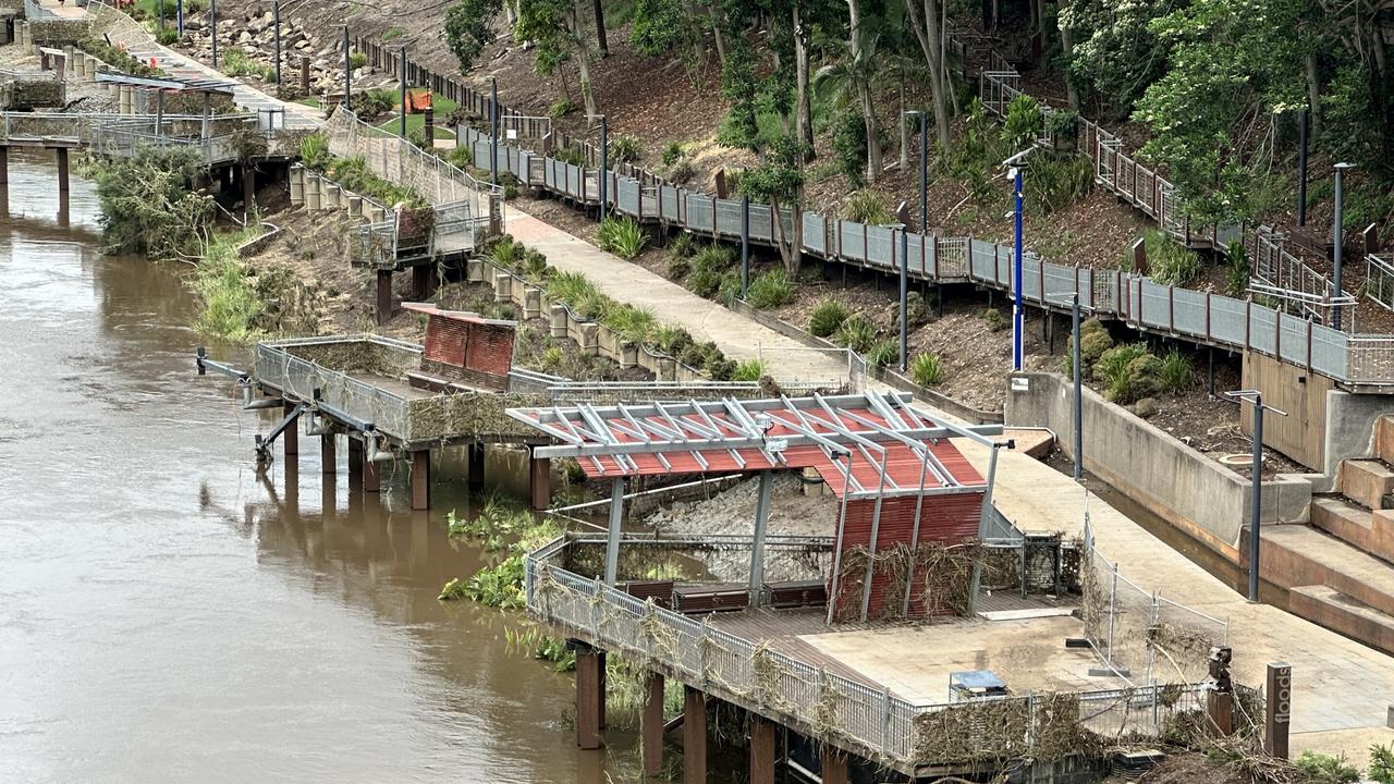 Aftermath of flooding, showing the level of floodwaters at the boardwalk at River Heart Parklands. Picture: Ipswich City Council