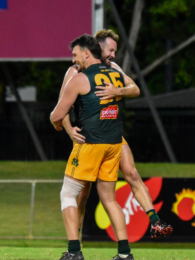 Brandyn Grenfell celebrates a goal. Picture: Tymunna Clements / AFLNT Media