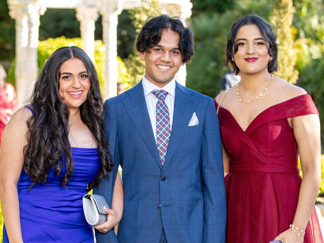 (L-R) Ziaa Zorabi 18, Danindu Dharmasena 18, Meghana Kuchi 17, at the 2022 Baulkham Hills High School Formal held at the Oatlands House. Picture: Christian Gilles