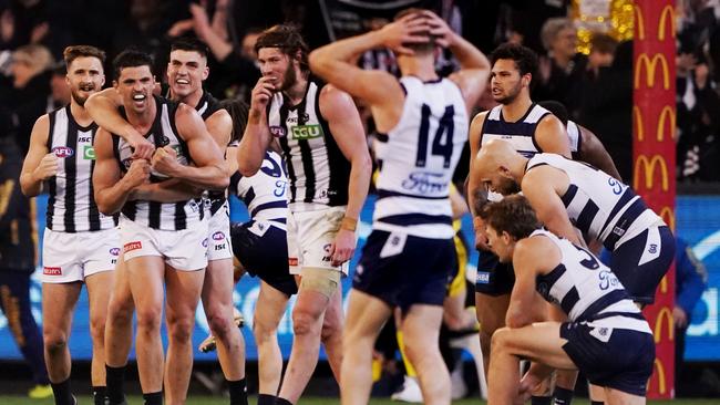 Geelong laments as the Pies celebrate. Picture: Getty Images