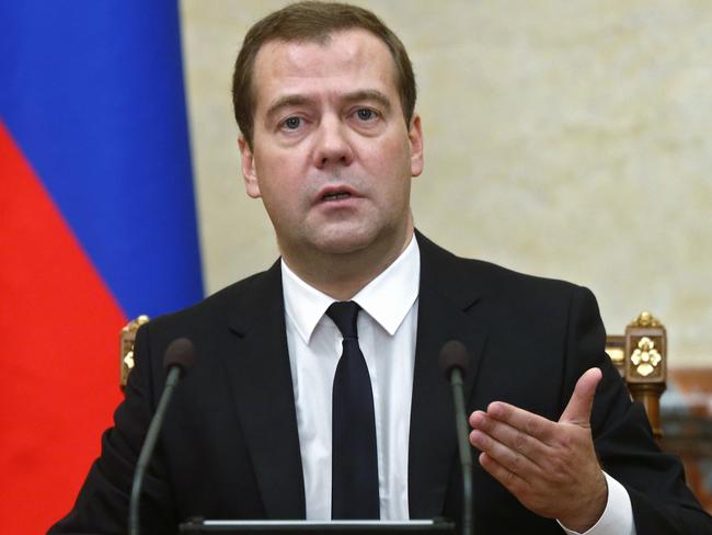 Russian PM Dmitry Medvedev announces sanctions at the Cabinet meeting in Moscow overnight. Picture: Ria Novosti