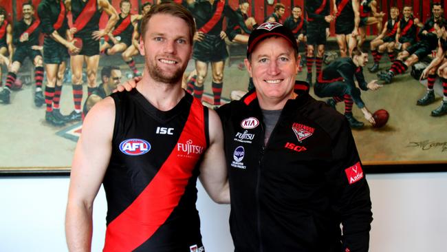 New Essendon recruit Jake Stringer meets Bombers coach John Worsfold. Picture: essendonfc.com.au