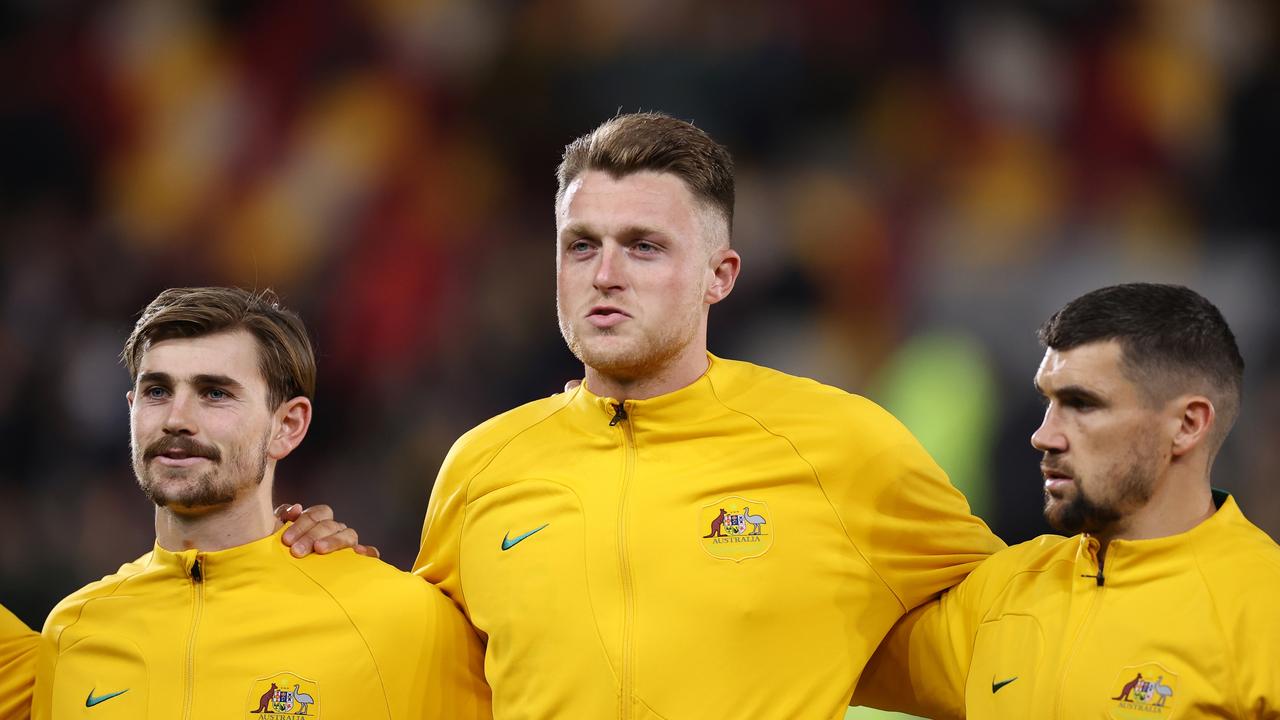 Harry Souttar (centre) is relishing every chance he has to play for the Socceroos. Picture: Ryan Pierse/Getty Images