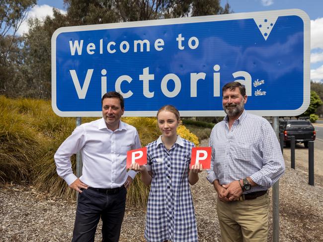 WODONGA, AUSTRALIA - NOVEMBER 24:   Leader of the Liberal Party, Matt Guy and Shadow Minister for Regional Cities, Bill Tilley. Union Bridge (Victorian side), Gateway Village, Lincoln Causeway, Wodonga. Picture: NCA NewsWire / Jason Robins