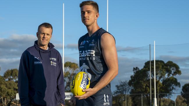 South Adelaide ruckman Bailey Griffiths with his uncle, Port Adelaide AFL premiership ruckman, Dean Brogan. Picture: Heidi Lewis