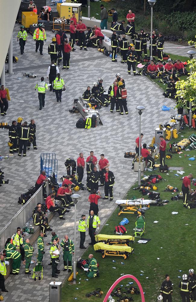 Battered and bloody. There were chaotic scenes in west London as emergency services tried to treat the injured. Picture: Getty Images