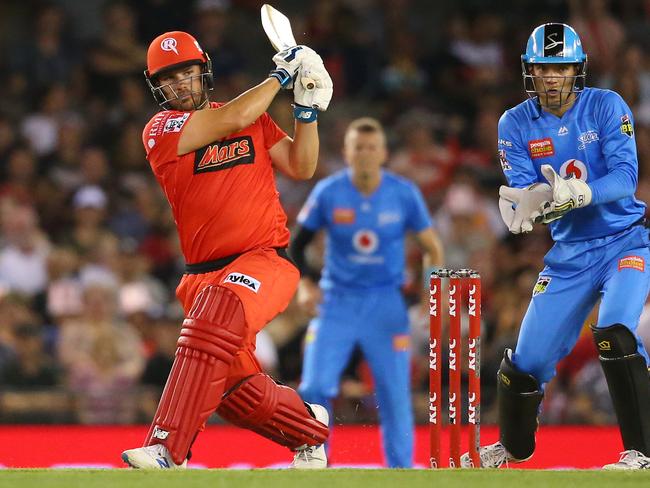 Aaron Finch hits out against the visiting Strikers at Marvel Stadium.