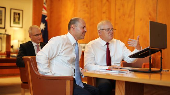 Prime Minister Scott Morrison, Treasurer Josh Frydenberg and Minister for Communications Paul Fletcher chat with Google CEO Sundar Pichai. Picture: Picture: Adam Taylor