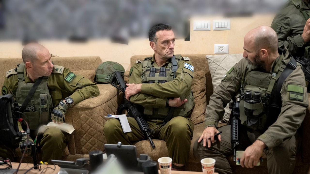 Israeli army's Chief of General Staff Herzi Halevi (C) with Major General Yaron Finkelman (L) and General Dan Goldfus (R). Picture: Israeli Army / AFP