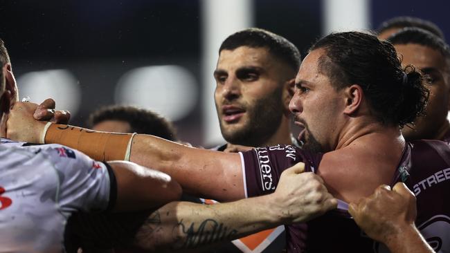 Josh Aloiai (pictured) and Brandon Wakeham had to be separated in the Campbelltown Stadium tunnel. Picture: Mark Kolbe/Getty Images