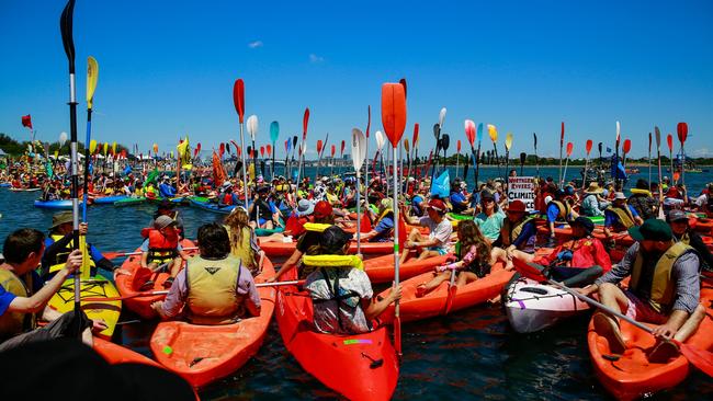 Protesters at Horseshoe Beach continue the blockade of the Port of Newcastle. Picture: Getty