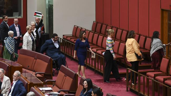 Chants to “free Palestine” have echoed out in the Senate chamber as the government continued to reject demands it call for a ceasefire in the Israel-Hamas conflict. Picture: NCA NewsWire / Martin Ollman