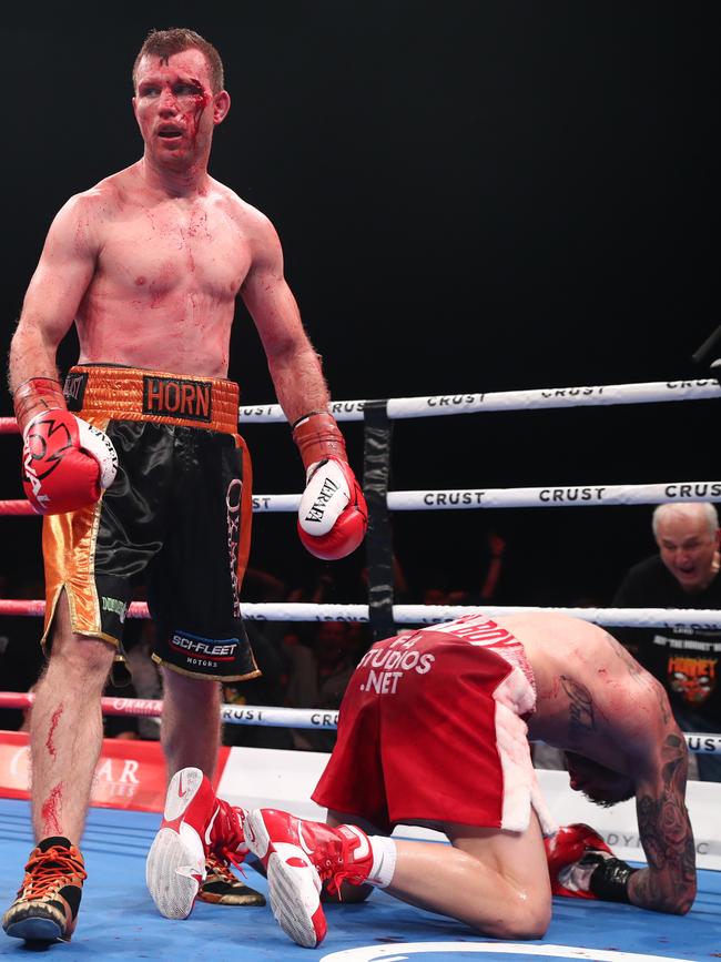 Jeff Horn knocks down Michael Zerafa. Picture: Getty