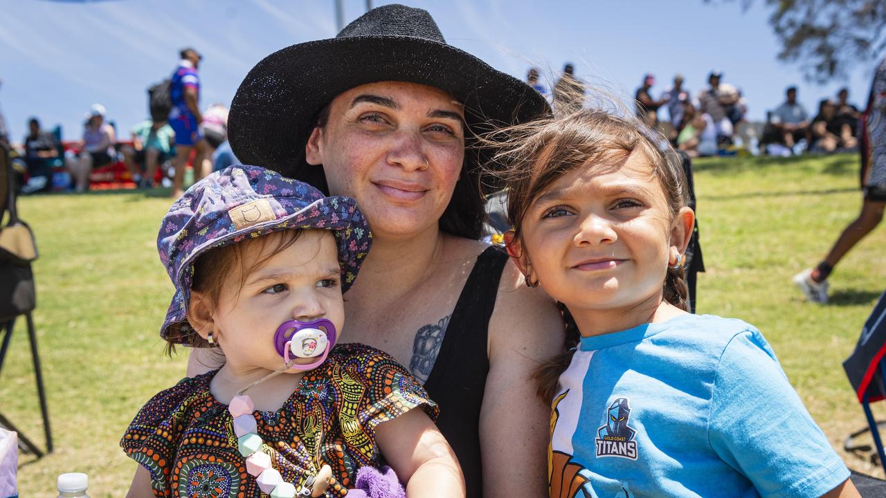 Caitlyn McCarthy with daughters Navy-Reign (left) and Ayla McCarthy supporting the SWQ Mandana at the Warriors Reconciliation Carnival at Jack Martin Centre, Saturday, January 25, 2025. Picture: Kevin Farmer