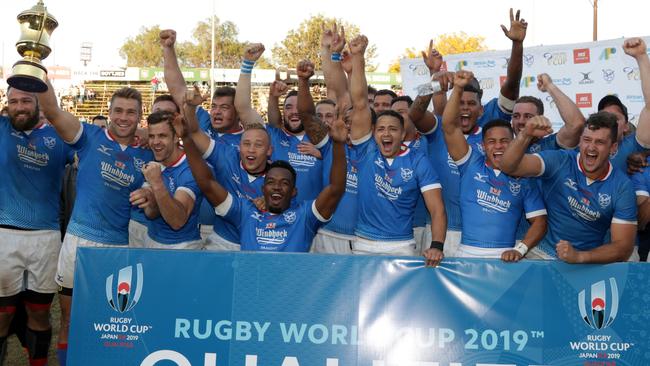 Namibia celebrate at Hage Geingob Rugby Stadium in Windhoek.