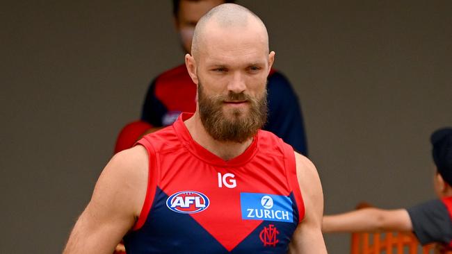 MELBOURNE, AUSTRALIA - FEBRUARY 18: Max Gawn of the Demons takes to the field ahead of an AFL practice match between Melbourne Demons and Richmond Tigers at Casey Fields on February 18, 2024 in Melbourne, Australia. (Photo by Morgan Hancock/Getty Images)