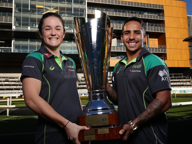 Australian rugby sevens players Dominique du Toit and Maurice Longbottom with The Wallabies Cup trophy at Royal Randwick. Picture: Jonathan Ng