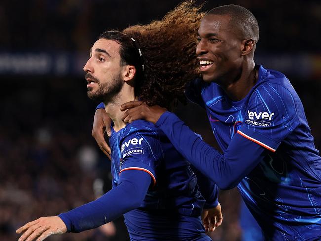 Marc Cucurella celebrates scoring his team's first goal with teammate Nicolas Jackson. Picture: Getty Images