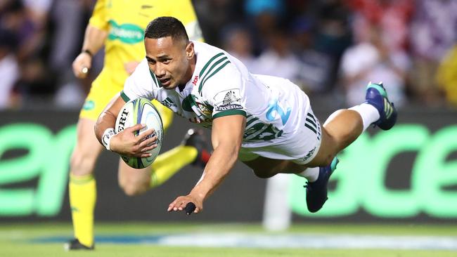 Toni Pulu of the Chiefs dives to score a try at ANZ National Stadium in Suva.