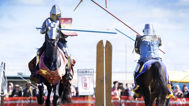 Darrell Bossley (left) competes in a jousting tournament at the Sheffield Medieval Festival. Picture: CHRIS KIDD