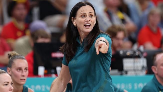 LILLE, FRANCE - JULY 29: Team Australia head coach Sandy Brondello gives instructions during the Women's Group Phase - B match between Team Nigeria and Team Australia on day three of the Olympic Games Paris 2024 at Stade Pierre Mauroy on July 29, 2024 in Lille, France. (Photo by Gregory Shamus/Getty Images)