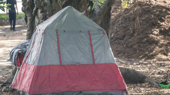 Homeless tents in Musgrave park under a removal order as Brisbane City Council conducts works. Picture: NewsWire / Glenn Campbell